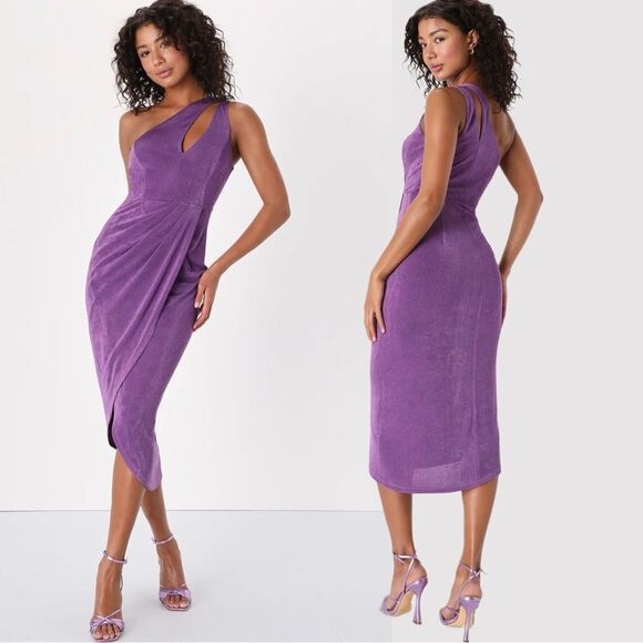 NWT Lulus Fabulous Forever Purple One-Shoulder Cutout Tulip Midi Dress - Picture 1 of 8